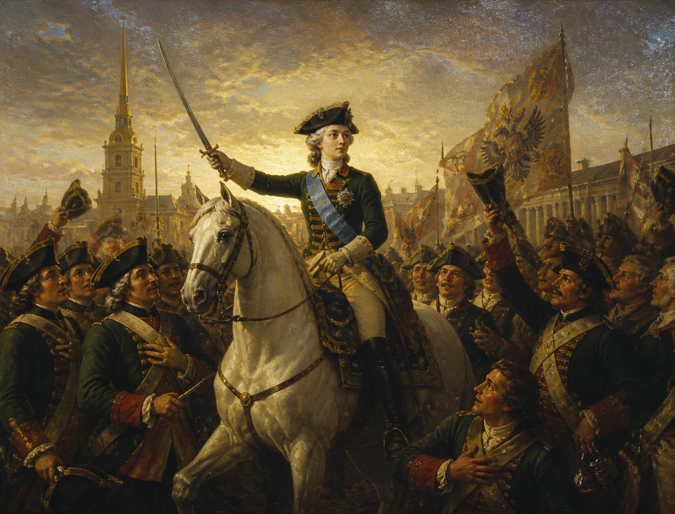 El golpe de julio de 1762. Recreación con IA de Catalina con uniforme de la guardia en San Petersburgo: los regimientos le juraron lealtad y su marido, Pedro III, abdicó en cuestión de horas.