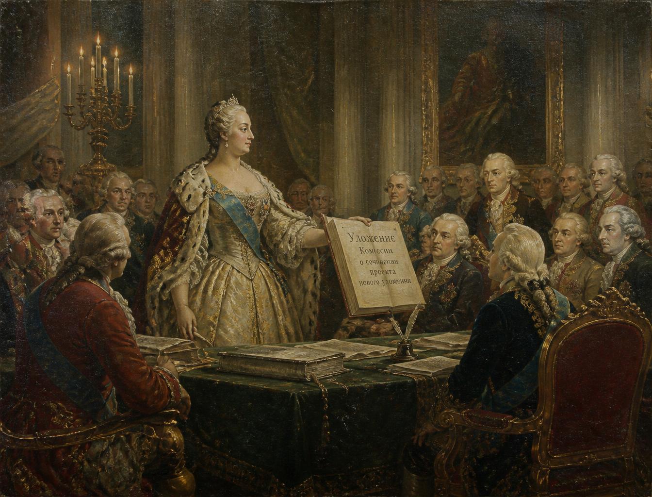 La Comisión Legislativa de 1767. Catalina presentó su Nakaz, un texto inspirado en la Ilustración europea que buscaba modernizar las leyes rusas; la comisión se disolvió sin aprobar un código.