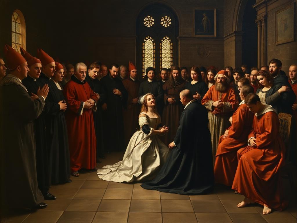 El juicio de Blackfriars (1529). Ante el tribunal papal, se arrodilló frente al rey, defendió la validez de su matrimonio y se retiró sin reconocer la autoridad de la corte.