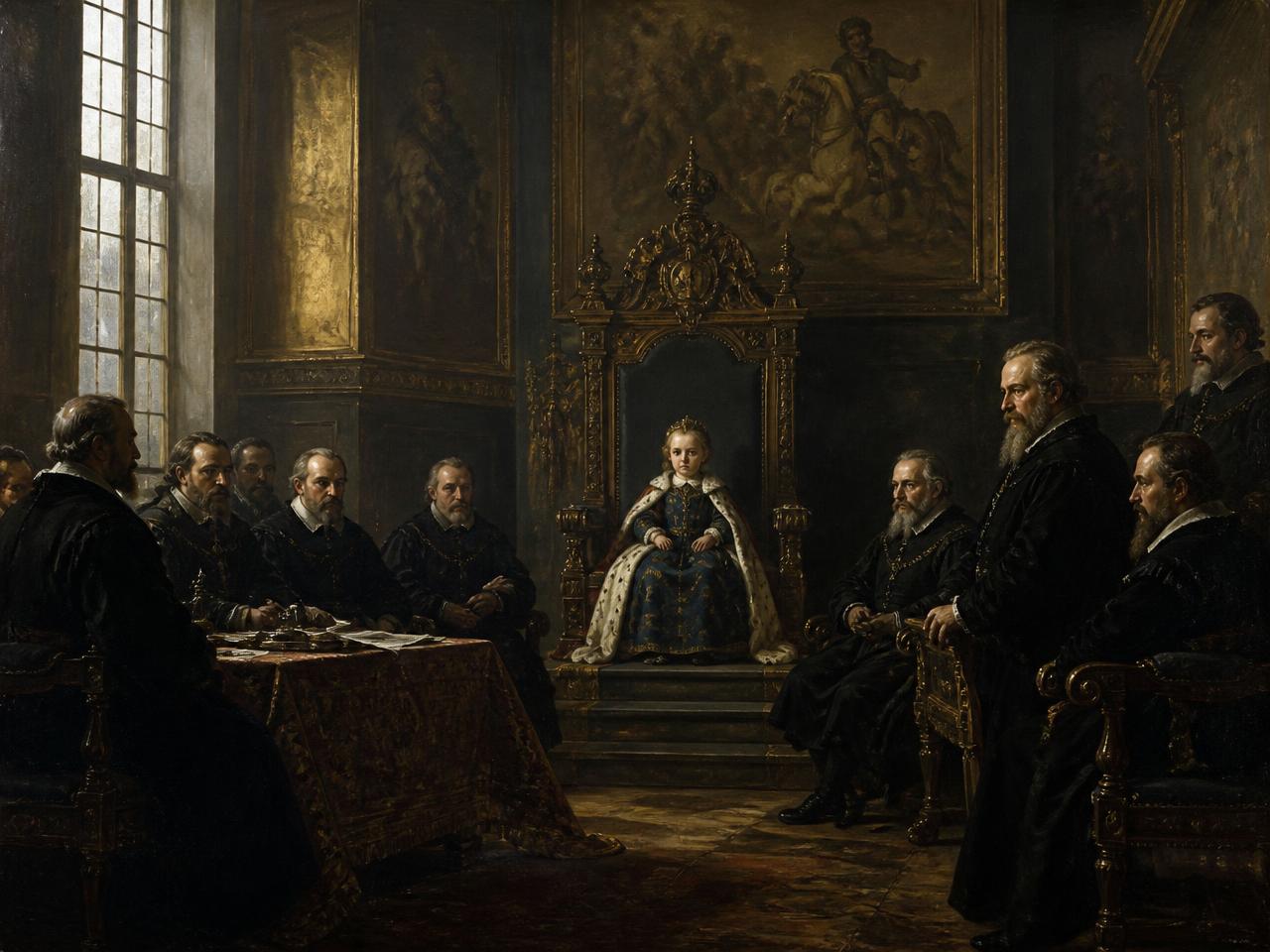 Estocolmo, 1632. Recreación con IA de la proclamación de Cristina como monarca de Suecia a los seis años, tras la muerte de su padre en Lützen: el Consejo del Reino gobernó en su nombre hasta 1644.