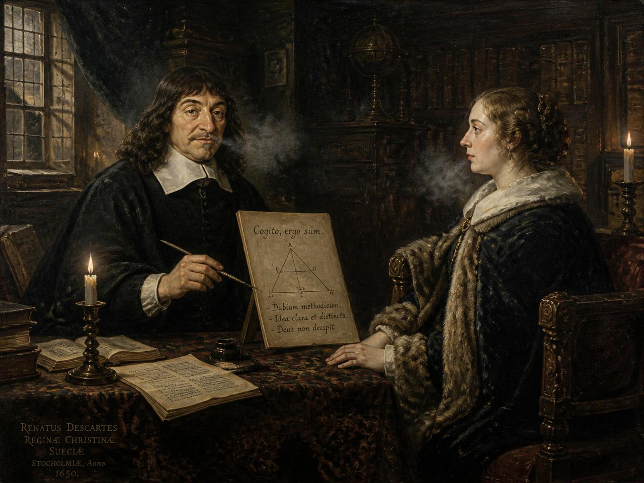 Recreación con IA de las lecciones de filosofía que René Descartes dio a la reina en el invierno de 1649-1650. Las clases eran de madrugada y en salas heladas; Descartes enfermó y murió en Estocolmo en febrero de 1650.