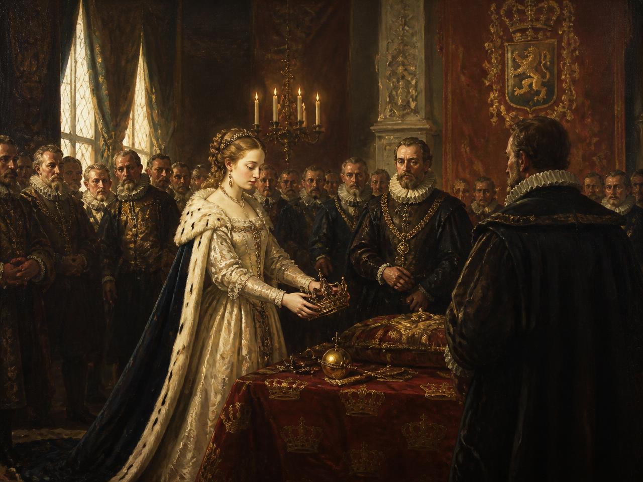 Castillo de Upsala, 6 de junio de 1654. Recreación con IA de la abdicación: Cristina se despojó de la corona, el cetro y el manto real ante la nobleza y cedió el trono a su primo Carlos X Gustavo.