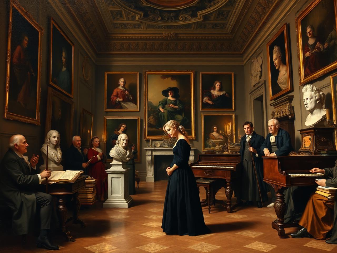 Roma, segunda mitad del siglo XVII. Recreación con IA de su palacio romano: reunió pinturas, esculturas, manuscritos y músicos, y fundó academias que influyeron en la vida cultural de la ciudad.