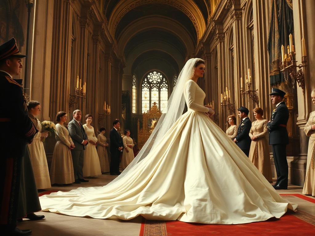 Catedral de San Pablo, 29 de julio de 1981. Recreación con IA de la boda: el vestido de tafetán de seda marfil llevaba una cola de casi ocho metros, la más larga en la historia de una boda real británica.