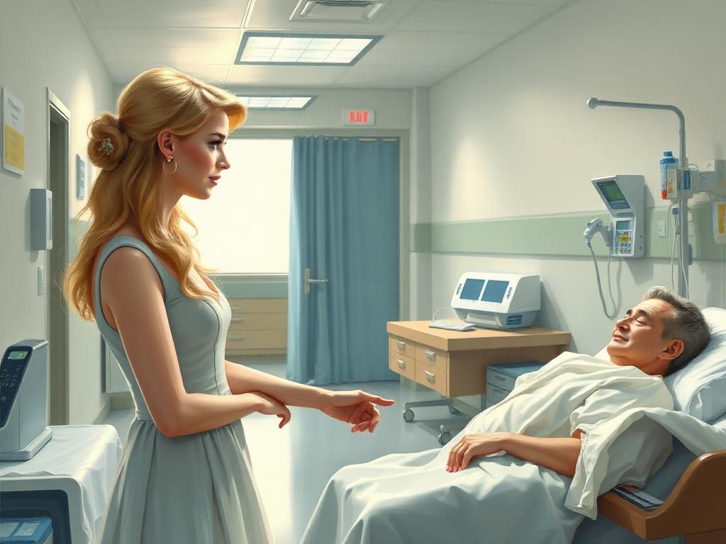 Recreación con IA de una de sus visitas hospitalarias. Diana convirtió el gesto físico —tomar la mano, sentarse en la cama— en su forma de hacer política simbólica.