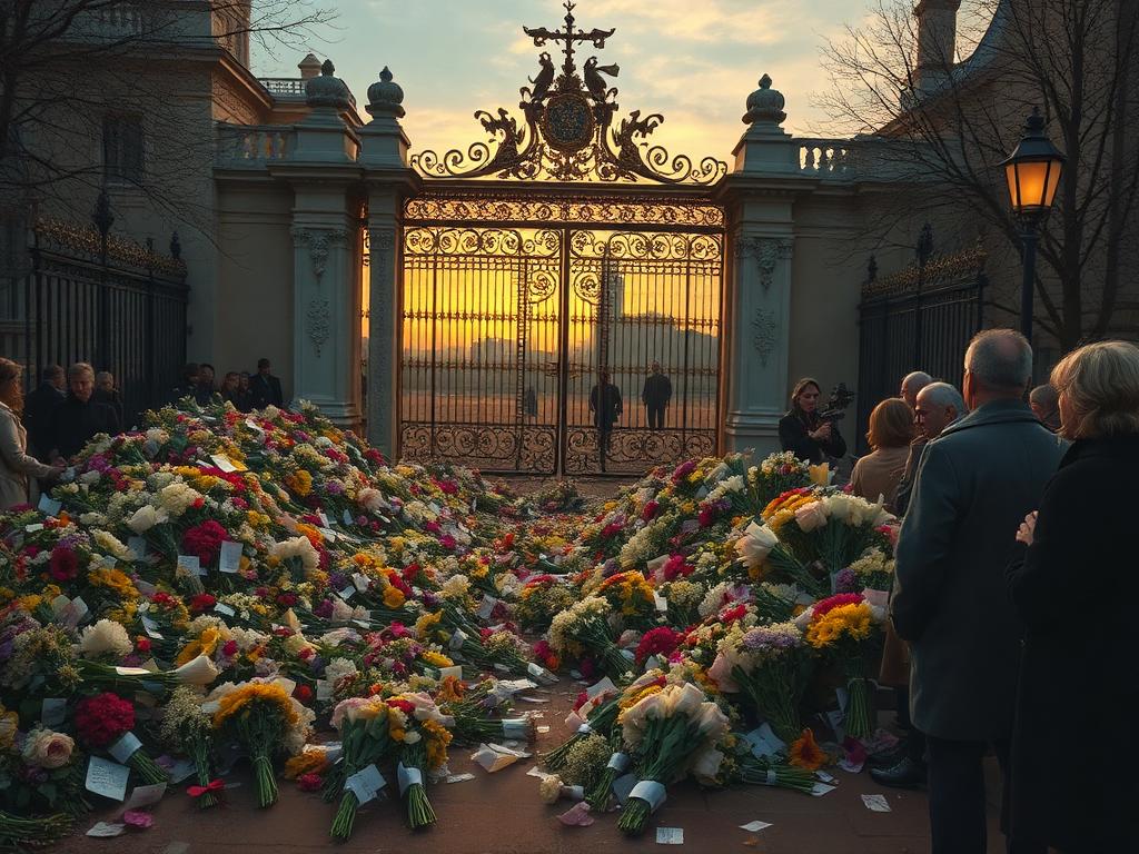 Londres, septiembre de 1997. Recreación con IA de las flores acumuladas frente a los palacios: se estima que se dejaron más de un millón de ramos tras su muerte.