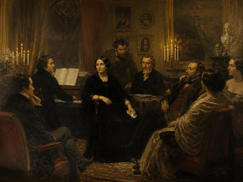 Representación del salón de George Sand en París, donde recibió a Chopin, Musset y otras figuras del Romanticismo francés. Estos encuentros definieron buena parte de la vida cultural del siglo XIX.