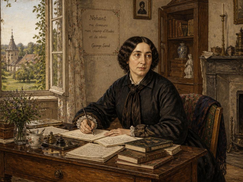 George Sand escribiendo en su mesa de Nohant, la finca familiar en Berry que fue su refugio creativo durante décadas. Allí redactó gran parte de su obra más madura.