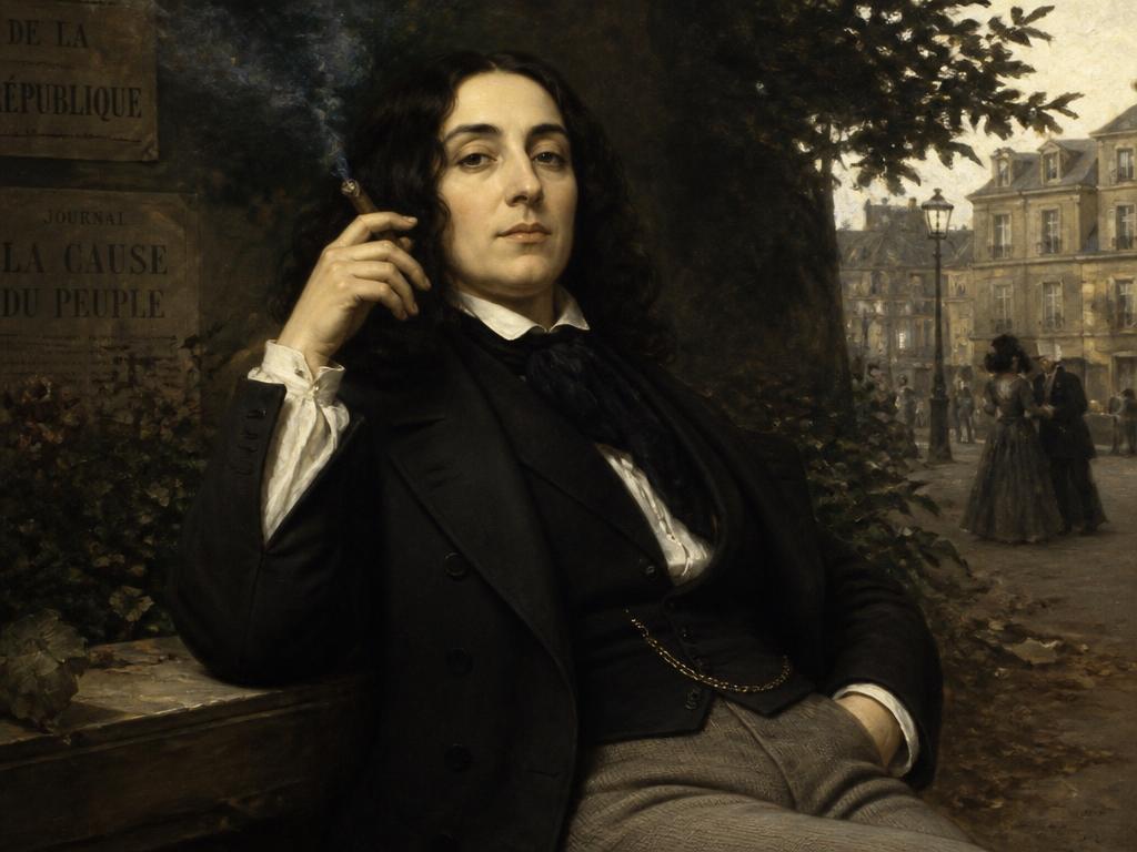 Recreación de George Sand con atuendo masculino y cigarro, símbolo de su desafío a las normas de género de la época. Su apariencia provocó escándalo y admiración a partes iguales.