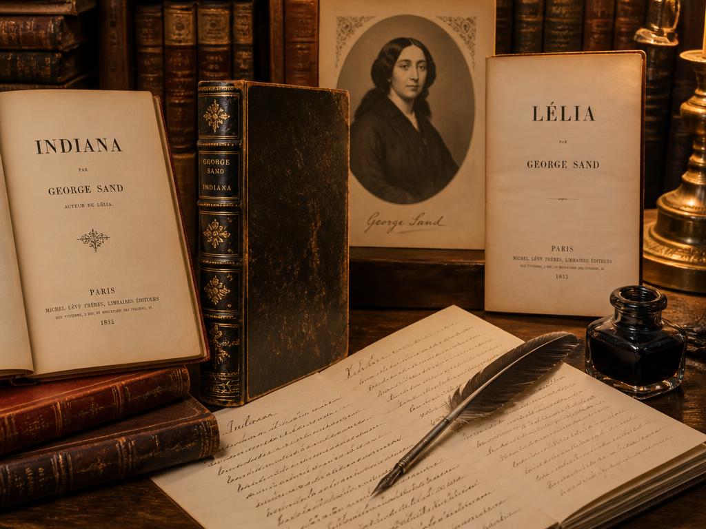 Ediciones originales de Indiana y Lélia junto a manuscritos de su puño y letra. Estas novelas la convirtieron en una de las autoras más leídas de Europa en vida.
