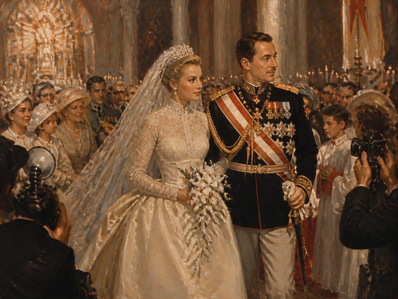 Mónaco, 19 de abril de 1956. Recreación con IA de la boda religiosa en la catedral: su vestido de encaje y satén se convirtió en uno de los más copiados del siglo.