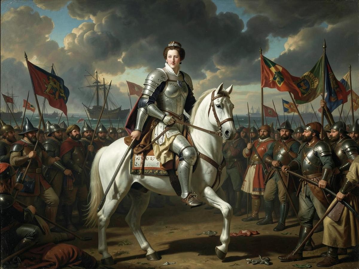 El discurso de Tilbury en 1588: Isabel, con armadura y a caballo, arenga a sus tropas antes de enfrentar a la Armada Invencible