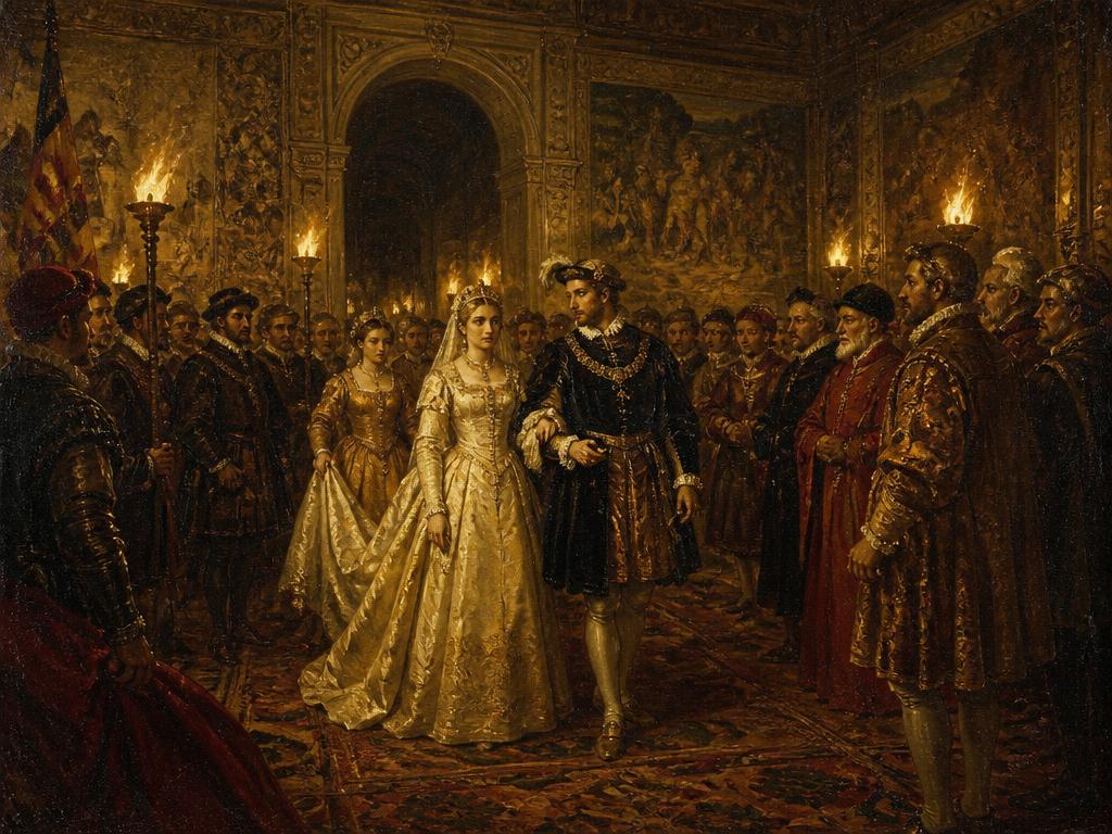 Sevilla, marzo de 1526. Recreación con IA de su boda con Carlos V en el Alcázar: un matrimonio pactado por dinero y alianzas que acabó siendo una relación cercana.