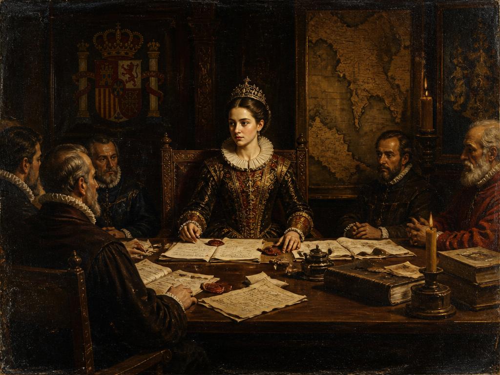 Recreación con IA de Isabel presidiendo el consejo durante su regencia: entre 1529 y 1539 gobernó los reinos peninsulares mientras el emperador estaba en campaña.