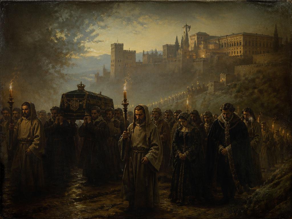 Granada, 1539. Recreación con IA del traslado de su cuerpo a la Capilla Real tras su muerte en Toledo, a los treinta y cinco años.