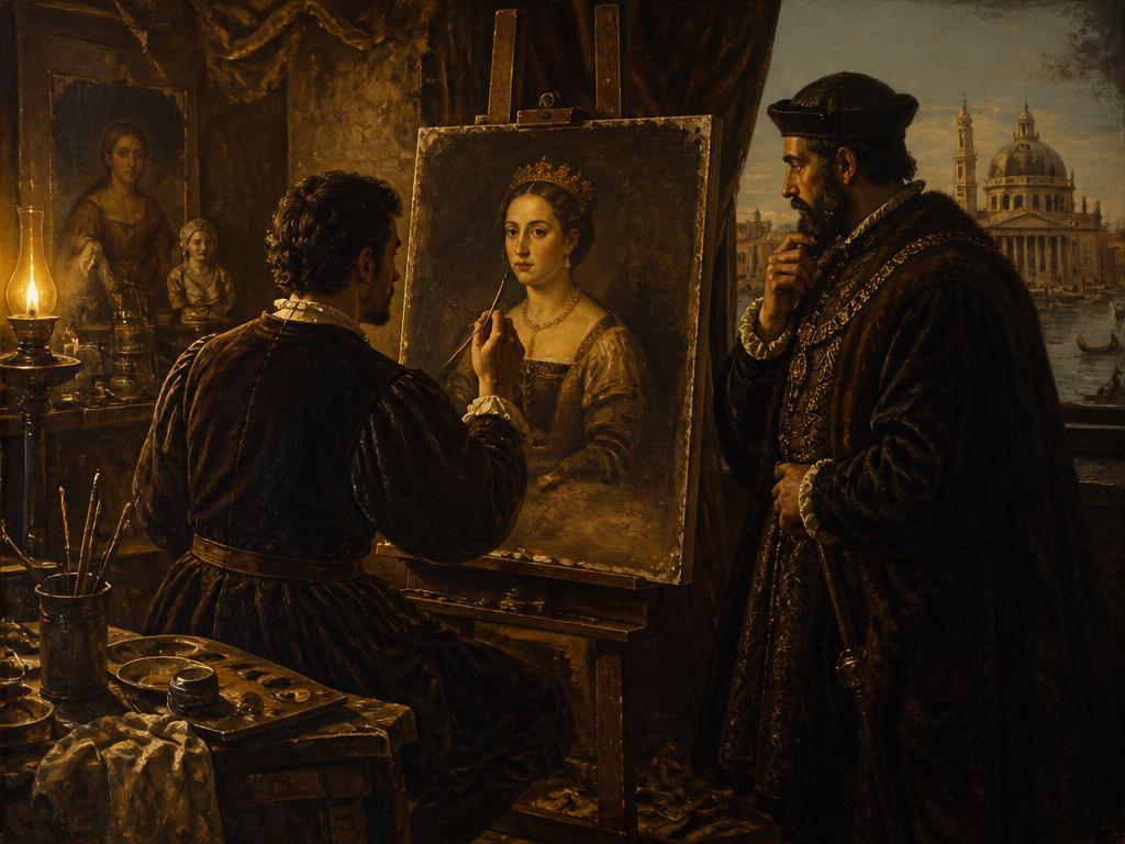 Recreación con IA del taller donde se pintaron sus retratos póstumos: Carlos V encargó a Tiziano imágenes de la emperatriz que ya no podía posar.