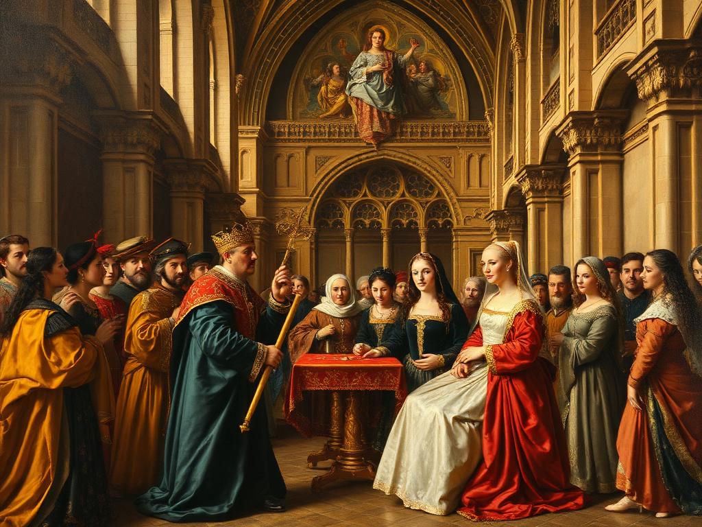 Recreación con IA: su matrimonio en 1447 con Juan II de Castilla, un rey dominado por su valido.