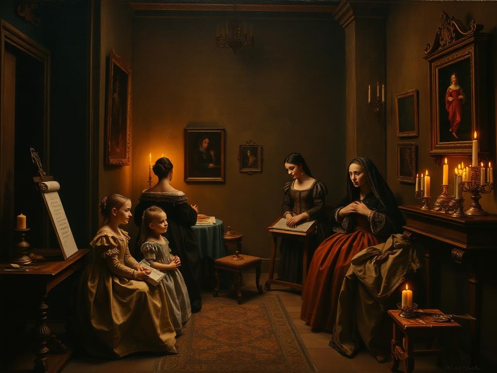 Recreación con IA de sus habitaciones en Madrid: junto a sus hijas, sus damas y el taller de pintura donde aprendió con Sofonisba Anguissola.