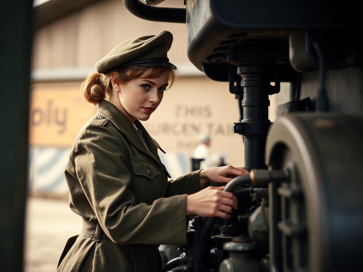 Reino Unido, 1945. Recreación con IA de su servicio en el Auxiliary Territorial Service: la entonces princesa se formó como conductora y mecánica de vehículos militares en los últimos meses de la guerra.