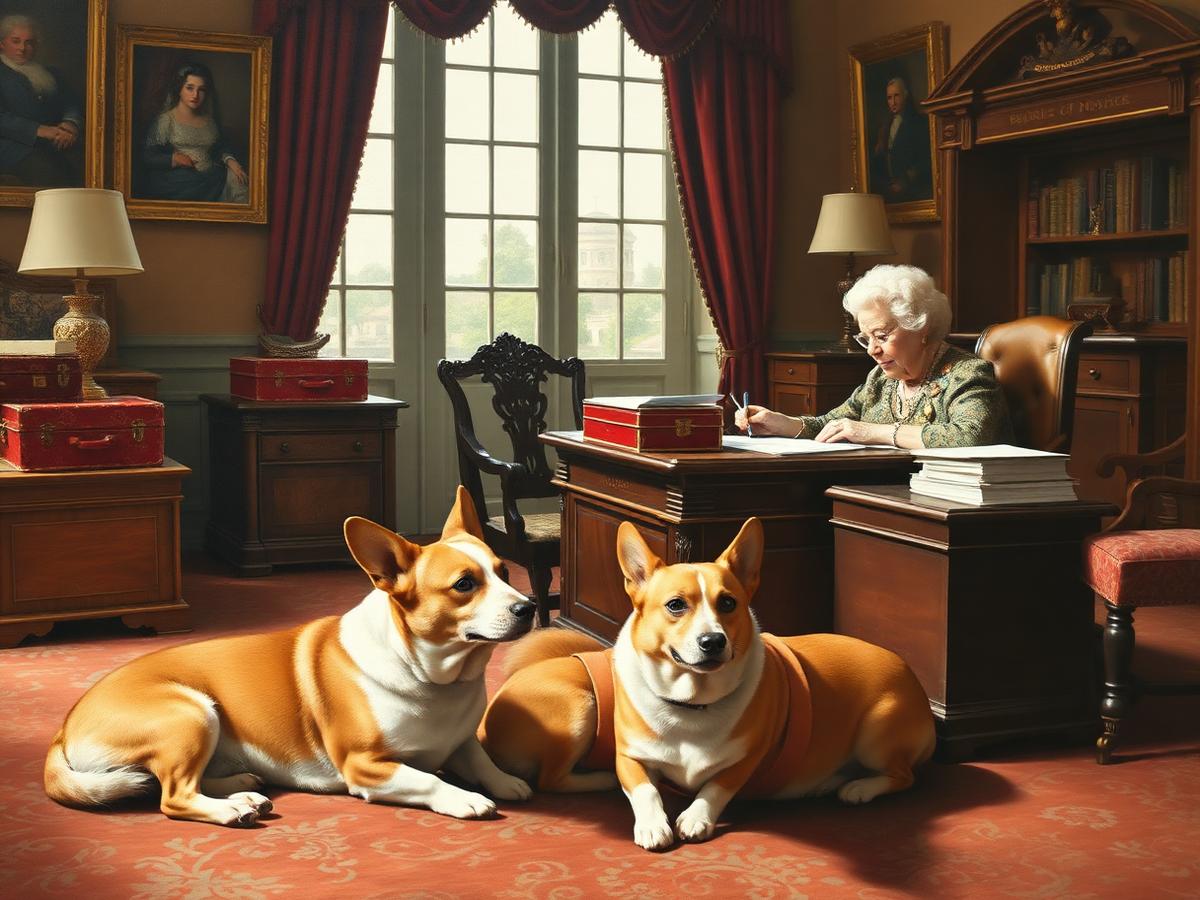 Recreación con IA de su despacho: cada día recibía las cajas rojas con informes de gobierno y correspondencia oficial, una rutina que mantuvo durante siete décadas, acompañada de sus corgis.