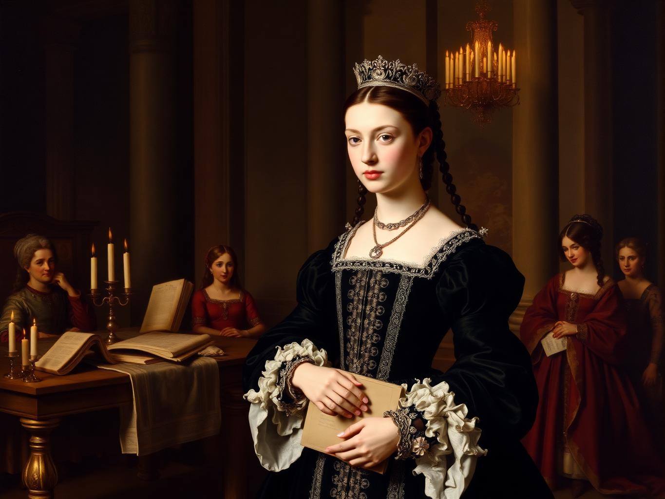 Juana de Austria en la corte de Madrid. Durante su regencia (1554-1559) despachó los asuntos del imperio: Hacienda, Indias y política europea, con una solvencia que los consejeros de Felipe II reconocieron en su correspondencia.