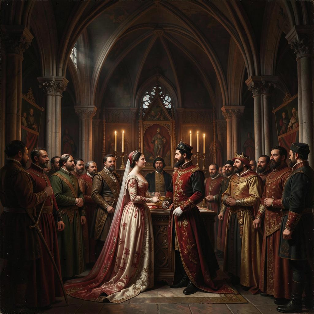 Representación de su matrimonio con Enrique IV de Castilla en 1455, la alianza que cambió la sucesión peninsular.
