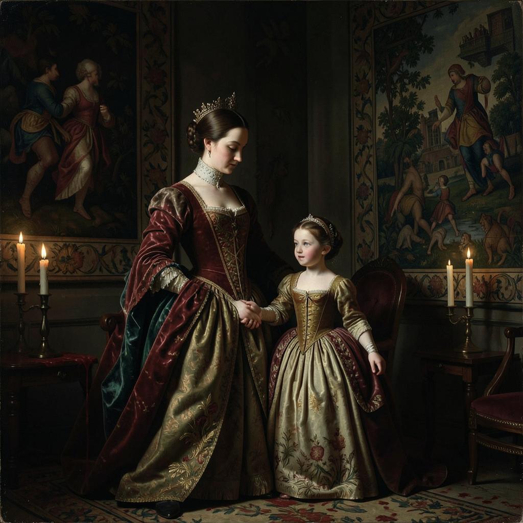 Juana de Portugal junto a su hija, la futura Juana la Beltraneja, en una imaginaria escena de la corte castellana.