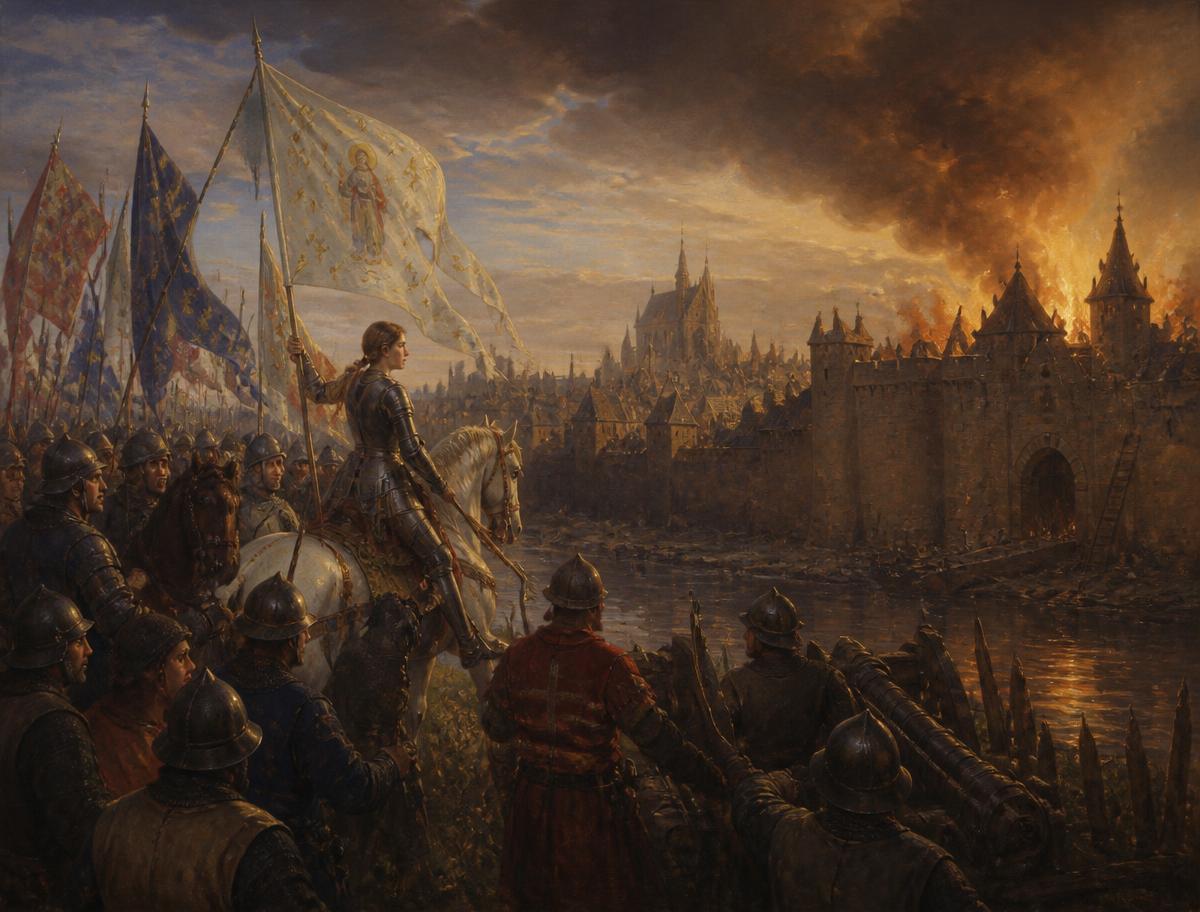 El sitio de Orleans (1429). Recreación con IA de la llegada de Juana a la ciudad sitiada; su intervención rompió el cerco inglés en pocos días y marcó el giro de la guerra.