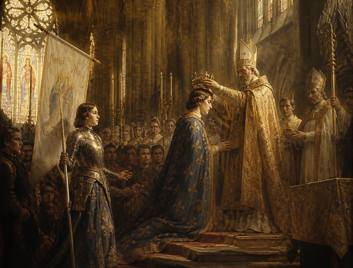 Coronación de Carlos VII en la catedral de Reims, 17 de julio de 1429. Juana asistió con su estandarte: el gesto legitimaba al rey francés frente a la corona inglesa.