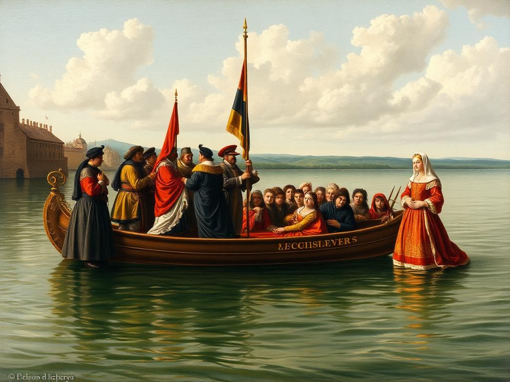 Recreación con IA: el intercambio de 1530 en el río Bidasoa, cuando Leonor cruzó a Francia como esposa de Francisco I junto a los hijos del rey liberados como rehenes.