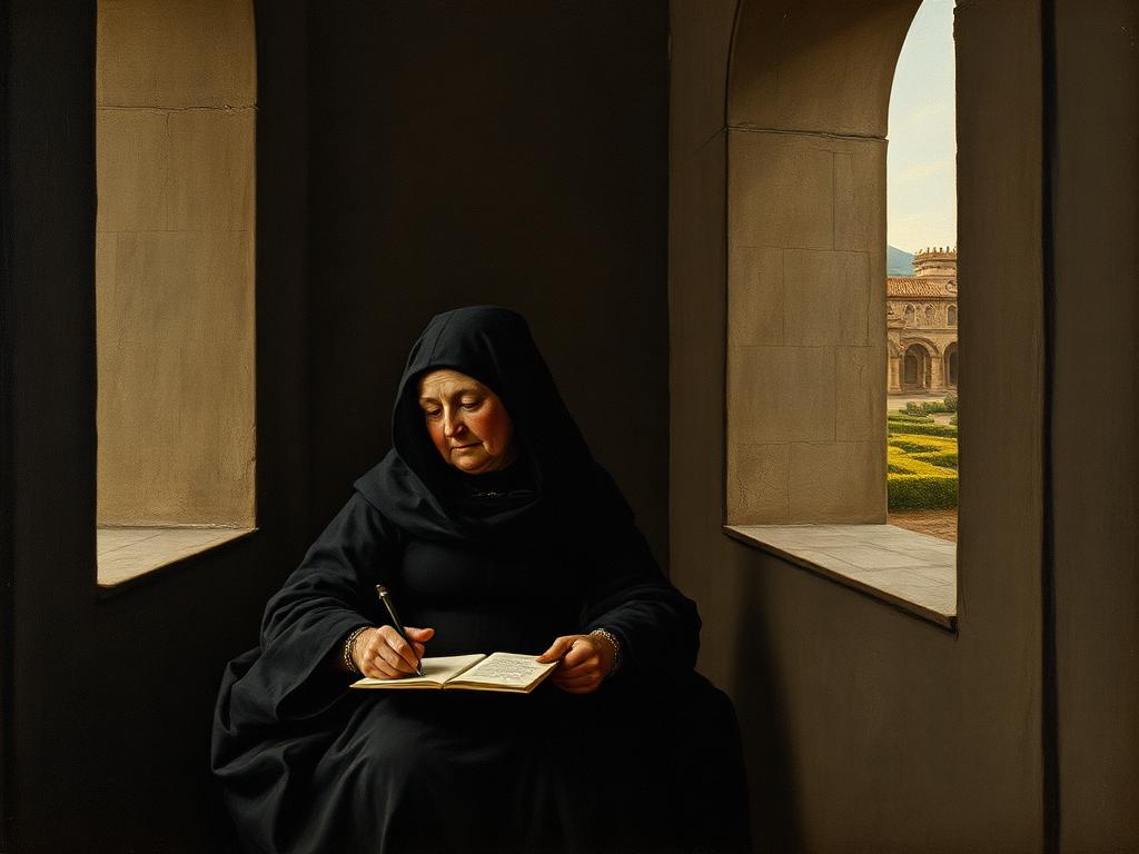 Recreación con IA: su viudez en España, entre cartas y silencio, cerca del retiro de Carlos V en Yuste.