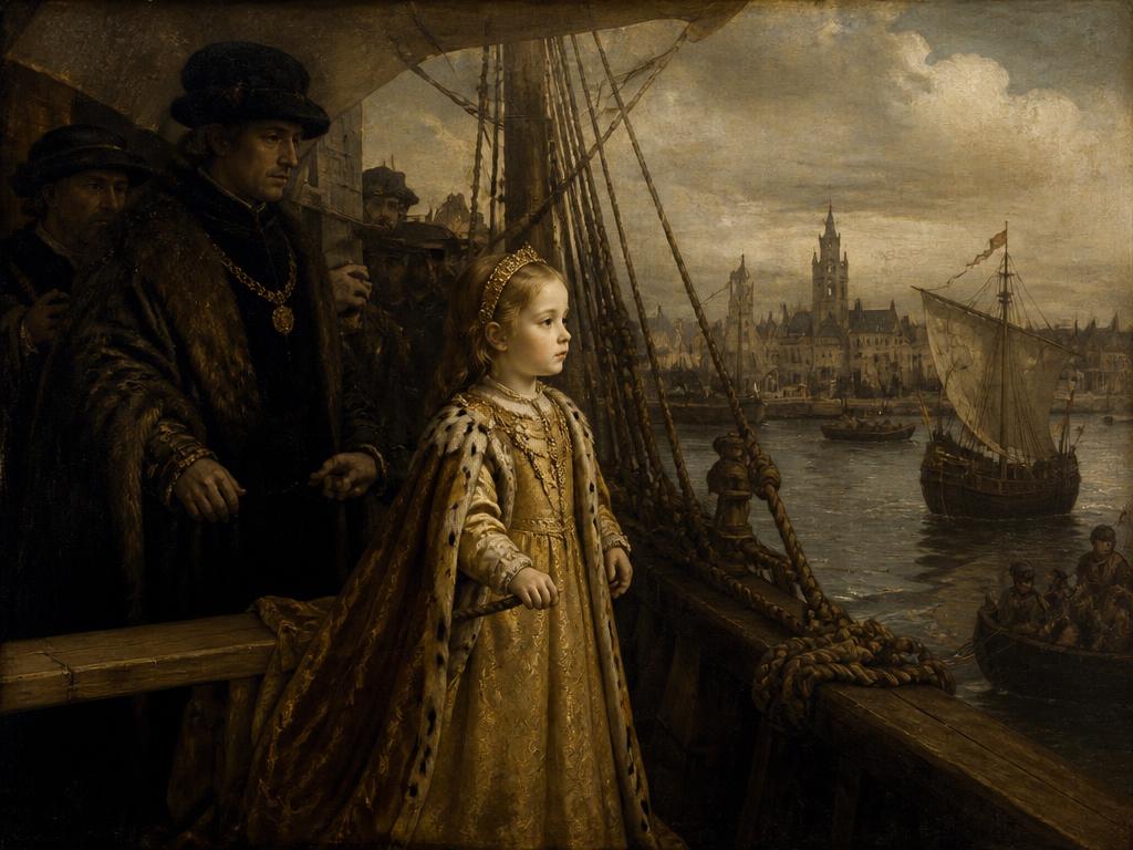 Flandes, 1483. Recreación con IA de su partida siendo niña hacia la corte francesa como prometida del delfín Carlos; el compromiso se rompería años después.