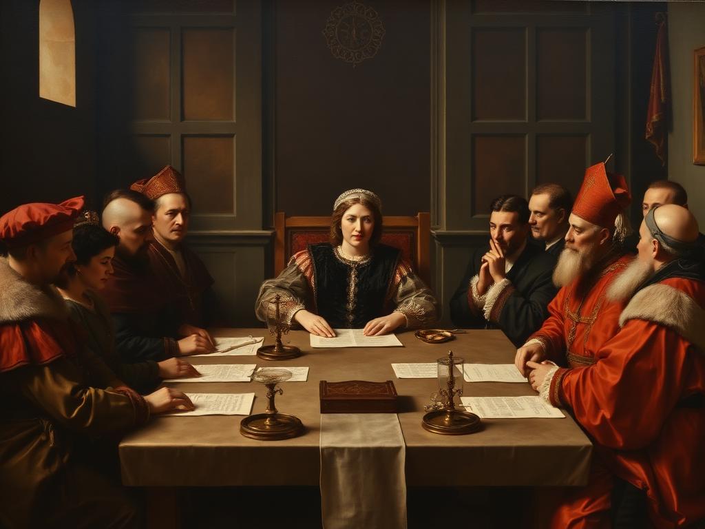 Bruselas, 1559. Recreación con IA de su gobierno: presidió el Consejo de Estado de los Países Bajos como gobernadora en nombre de Felipe II.