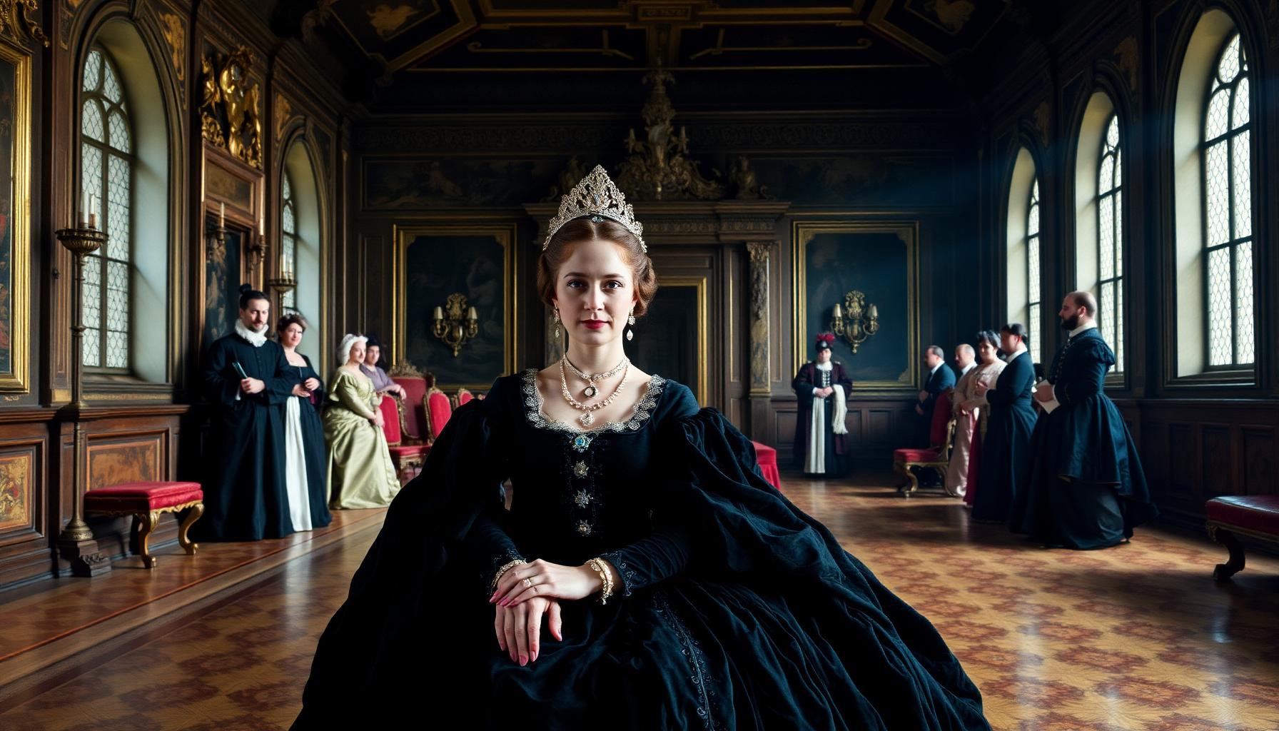 María de Austria como duquesa de Jülich-Cleves-Berg, retratada en el trono de su castillo alemán con la austera elegancia de la corte imperial.