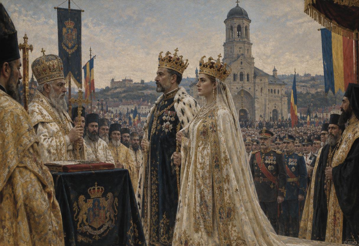 La coronación de Fernando y María en Alba Iulia, 15 de octubre de 1922. María llevó una corona de estilo bizantino forjada con oro de Transilvania, en señal de la unidad de la Gran Rumania.