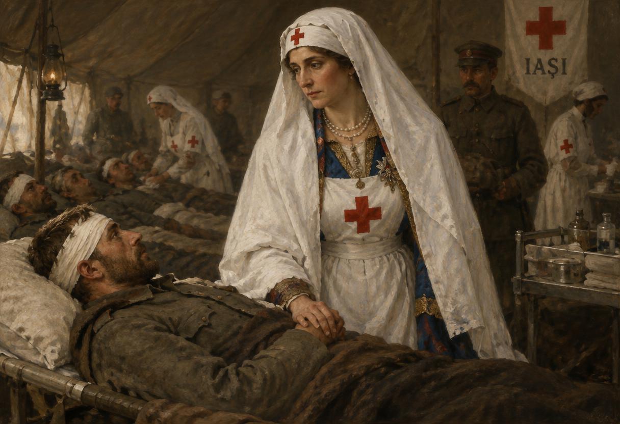 María como enfermera de la Cruz Roja en los hospitales de campaña de Iași durante la Primera Guerra Mundial, donde cuidó personalmente a soldados heridos mientras la epidemia de tifus asolaba el país.