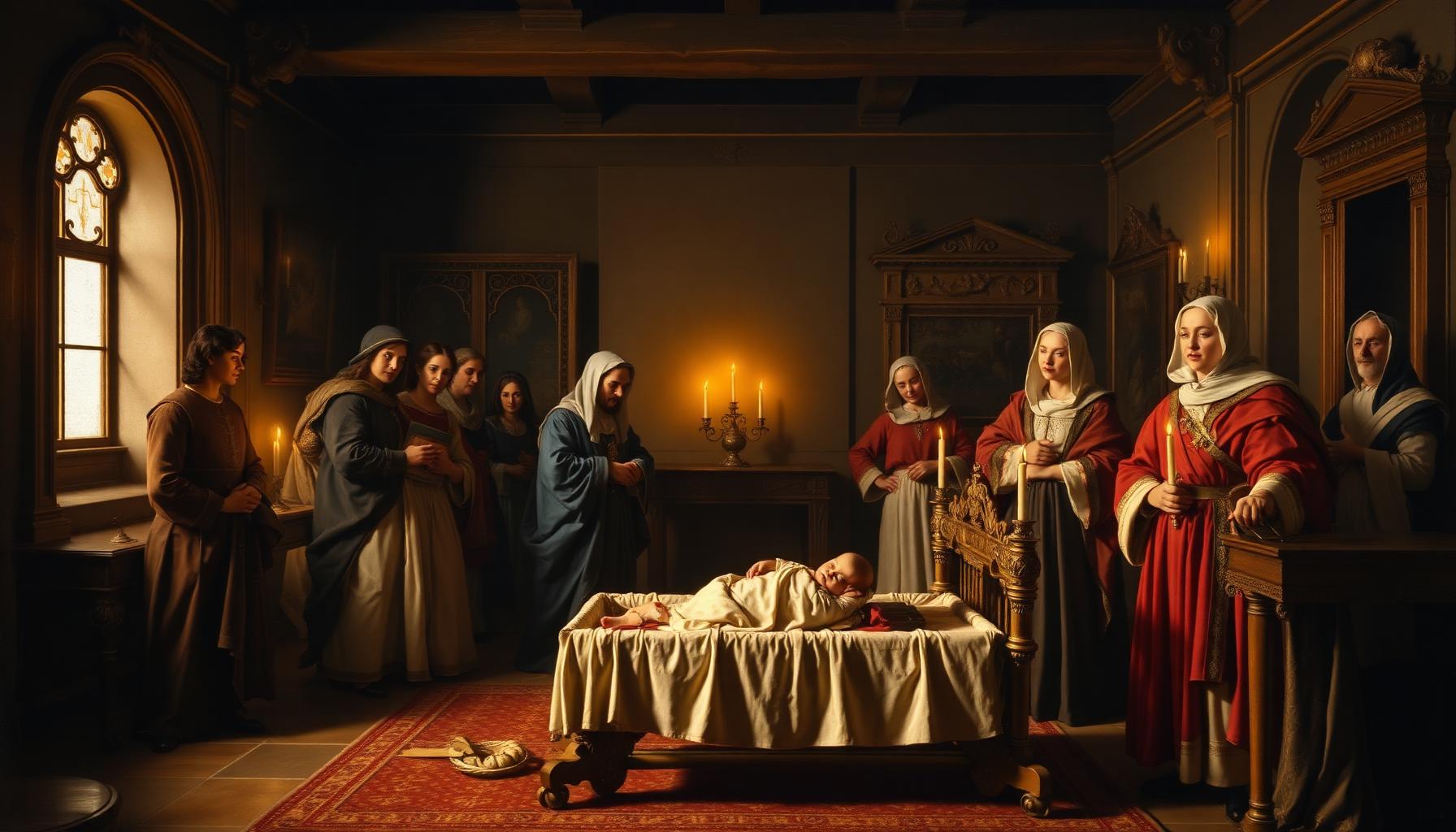 Nacimiento del infante don Carlos en el Alcázar de Valladolid, julio de 1545. El parto difícil costó la vida a la joven princesa.