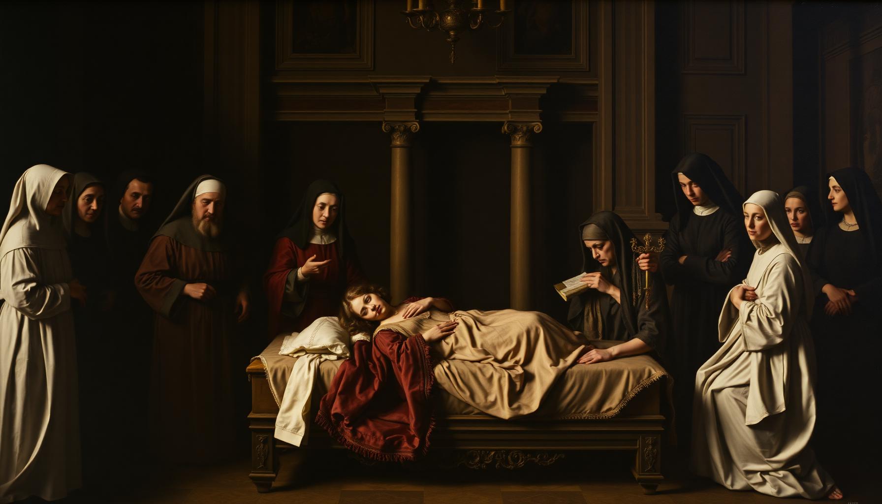 Escena de la muerte de María Manuela en la corte española, rodeada de médicos, damas y confesores.