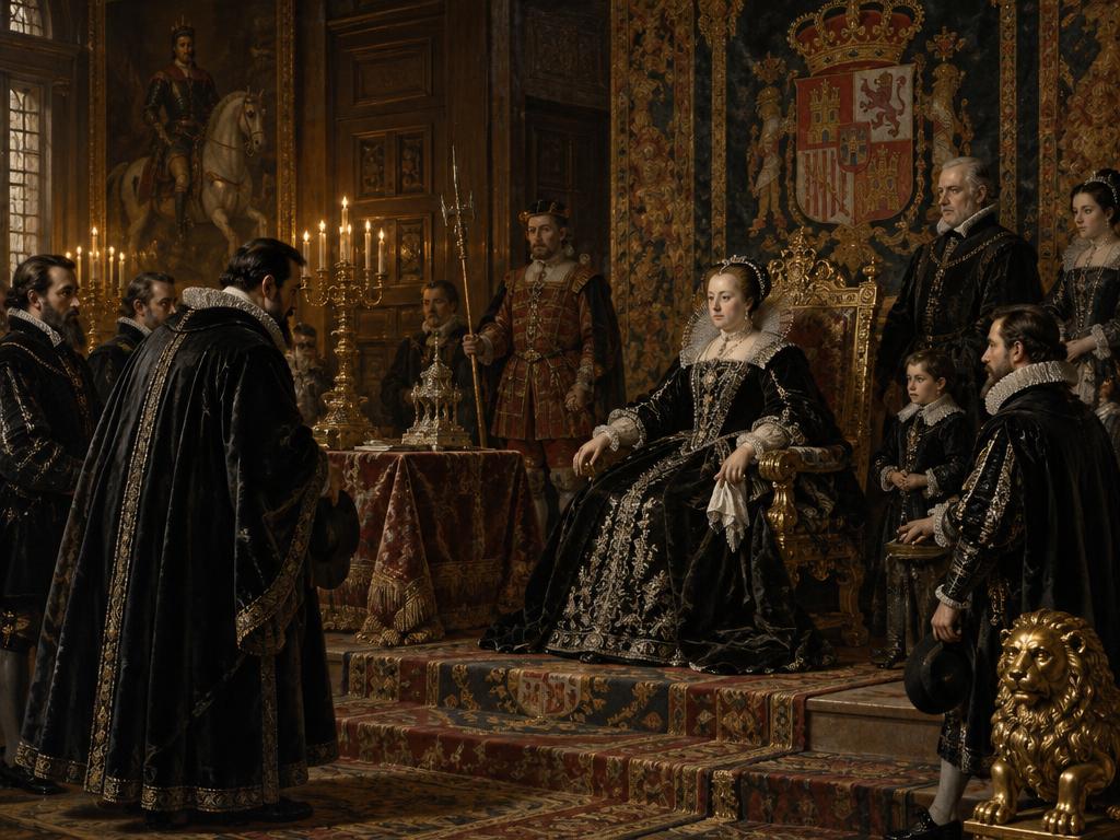 La reina en audiencia: representación del ceremonial de la corte hispánica del siglo XVII, donde Mariana actuó como regente en ausencia de Felipe IV.