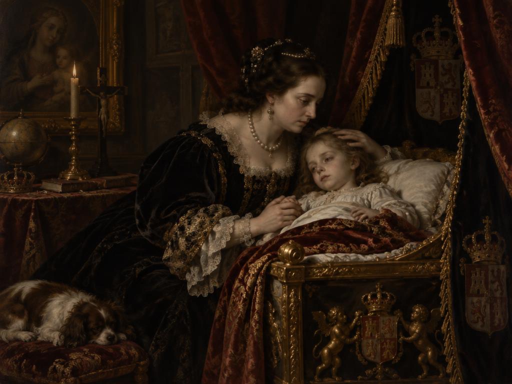 Madre y heredero: la reina junto al enfermizo príncipe Carlos, futuro Carlos II, en una escena evocadora del alcázar madrileño.