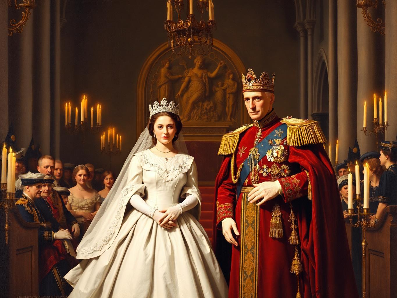 La coronación de Haakon VII y la reina Maud en la catedral de Nidaros, Trondheim, junio de 1906. Fue la última ceremonia de coronación de la historia de Noruega; después se sustituyó por una bendición solemne.
