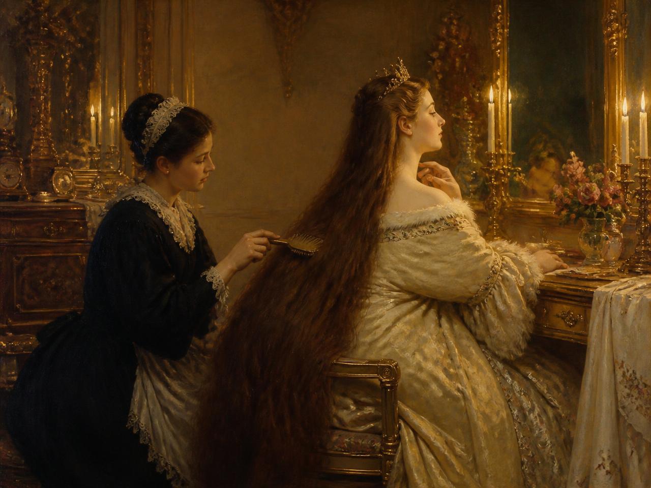 Recreación con IA de la rutina diaria del cabello. Su melena, larguísima, exigía horas de cuidado; el lavado se hacía cada varias semanas y podía ocupar un día entero.