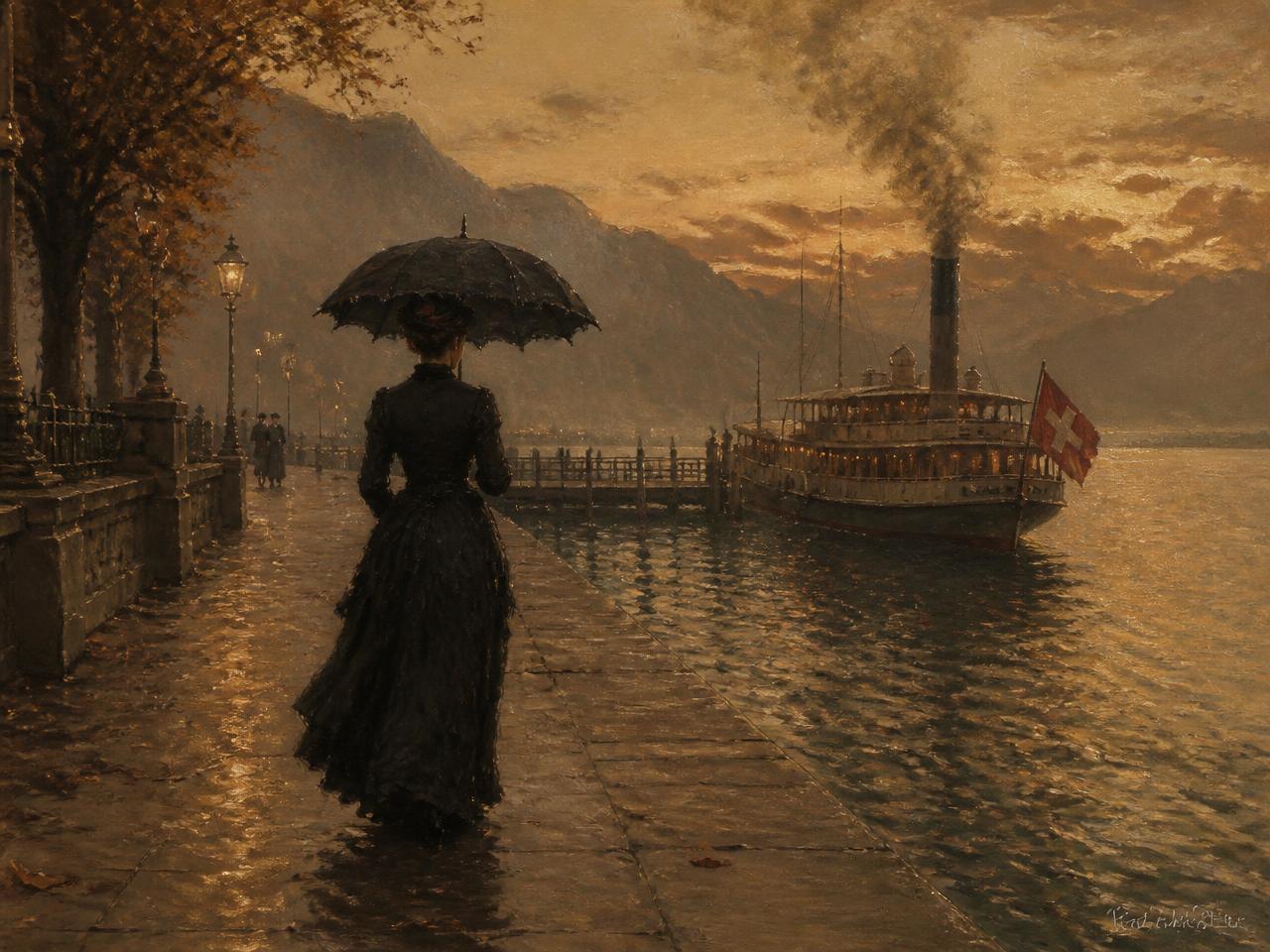 Ginebra, 10 de septiembre de 1898. Recreación con IA de su último paseo hacia el vapor del lago, donde fue atacada por el anarquista Luigi Lucheni.